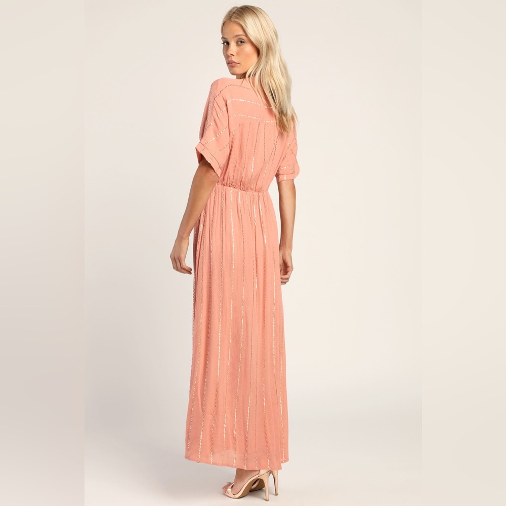 NWT Lulus Goddess Vibes Rusty Rose Gold Striped Dolman Sleeve Maxi Dress | Large - Picture 3 of 9